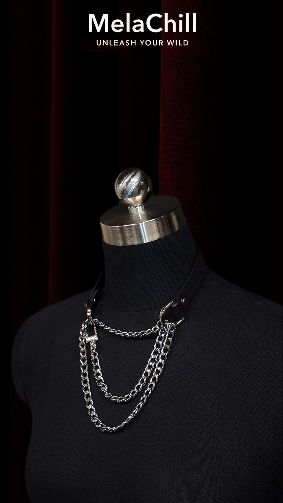 Mela Chill Breathless Black Leather Choker Necklace – Thick Chain with Movable Pull Chain, Removable Design for Daily Wear