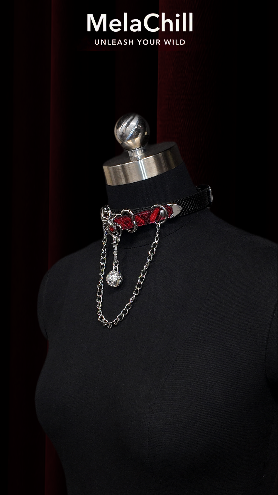 Black Red Gothic Spider Chain Choker Necklace | Red Striped Faux Leather Collar with Crystal Ball Pendant