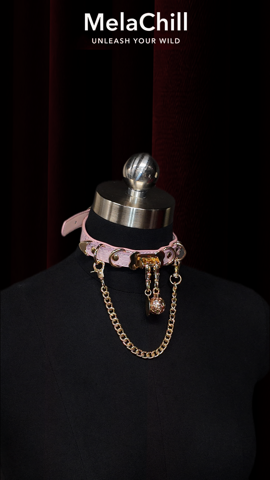 Sweet Gothic Pink O-Ring Chain Choker Necklace | Pastel Pink Faux Leather Collar with Gold Chain & Rhinestone Ball Pendant