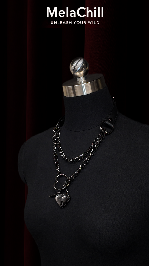 Black Double Chain Heart Ring Choker Necklace | Industrial Heart Pendant Collar