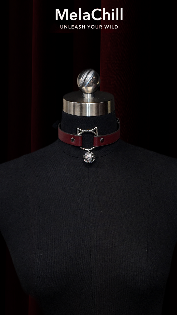 MelaChill Bow Bell Choker Necklace | Black & Burgundy Leather Gold Hardware Collar