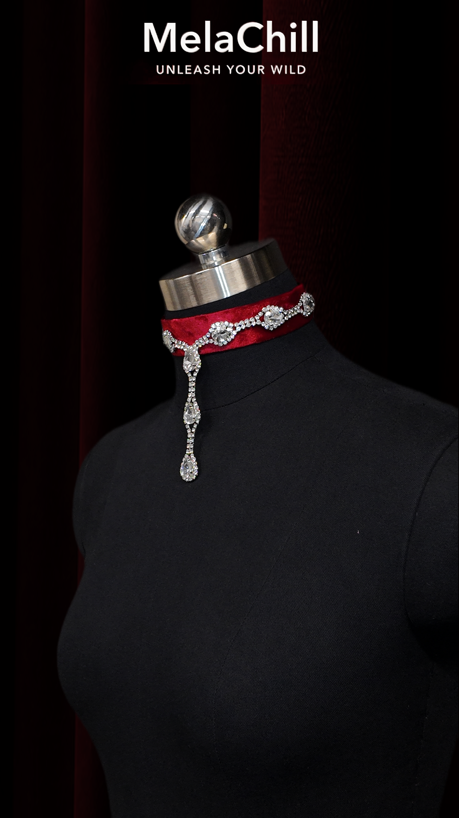 Vampire Series Red Velvet Rhinestone Choker Necklace | Wine Red Velvet Collar with Teardrop Crystal Drop Pendant