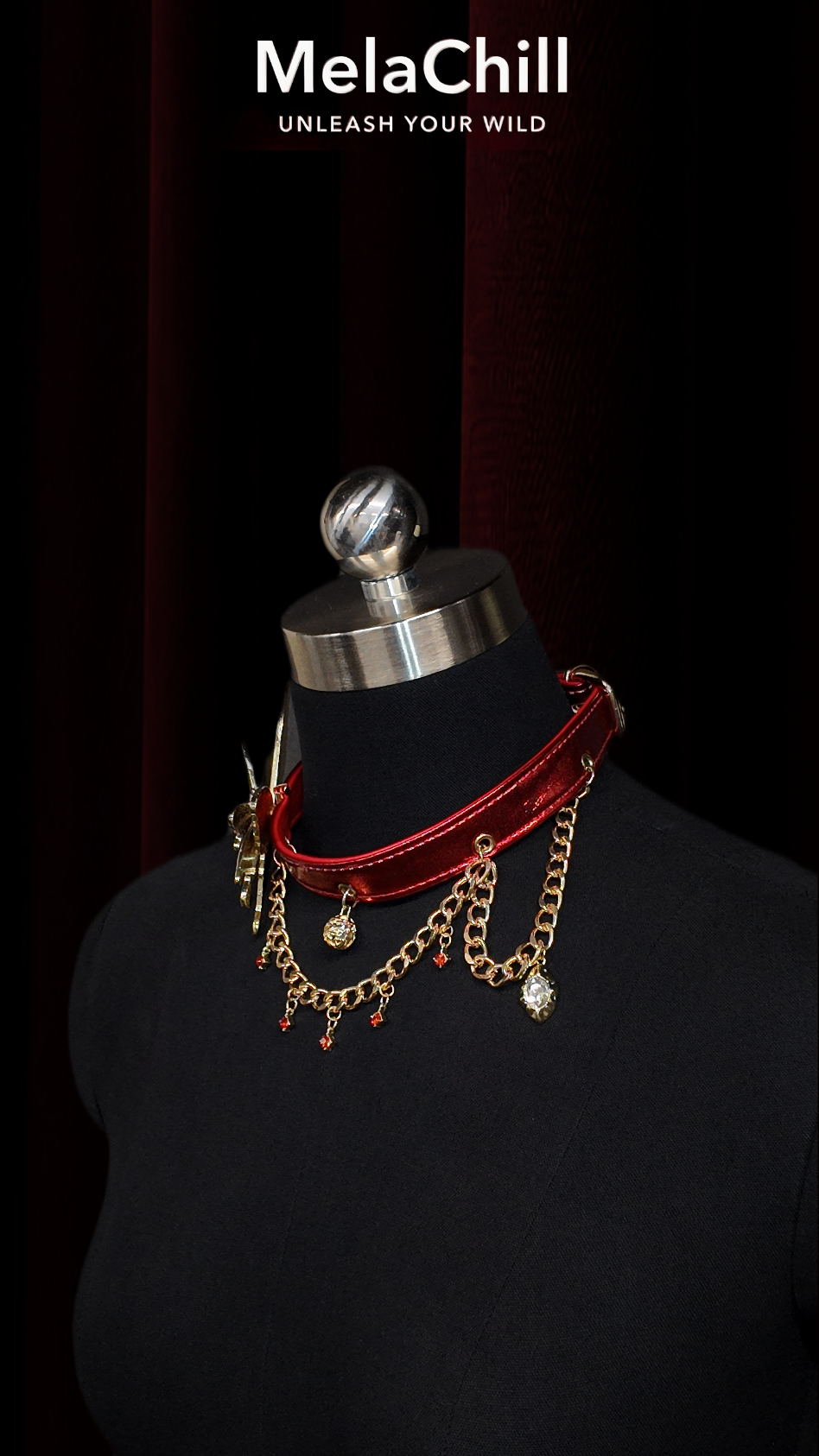 MelaChill Red Night Butterfly Choker Necklace | Rhinestone Leather Collar