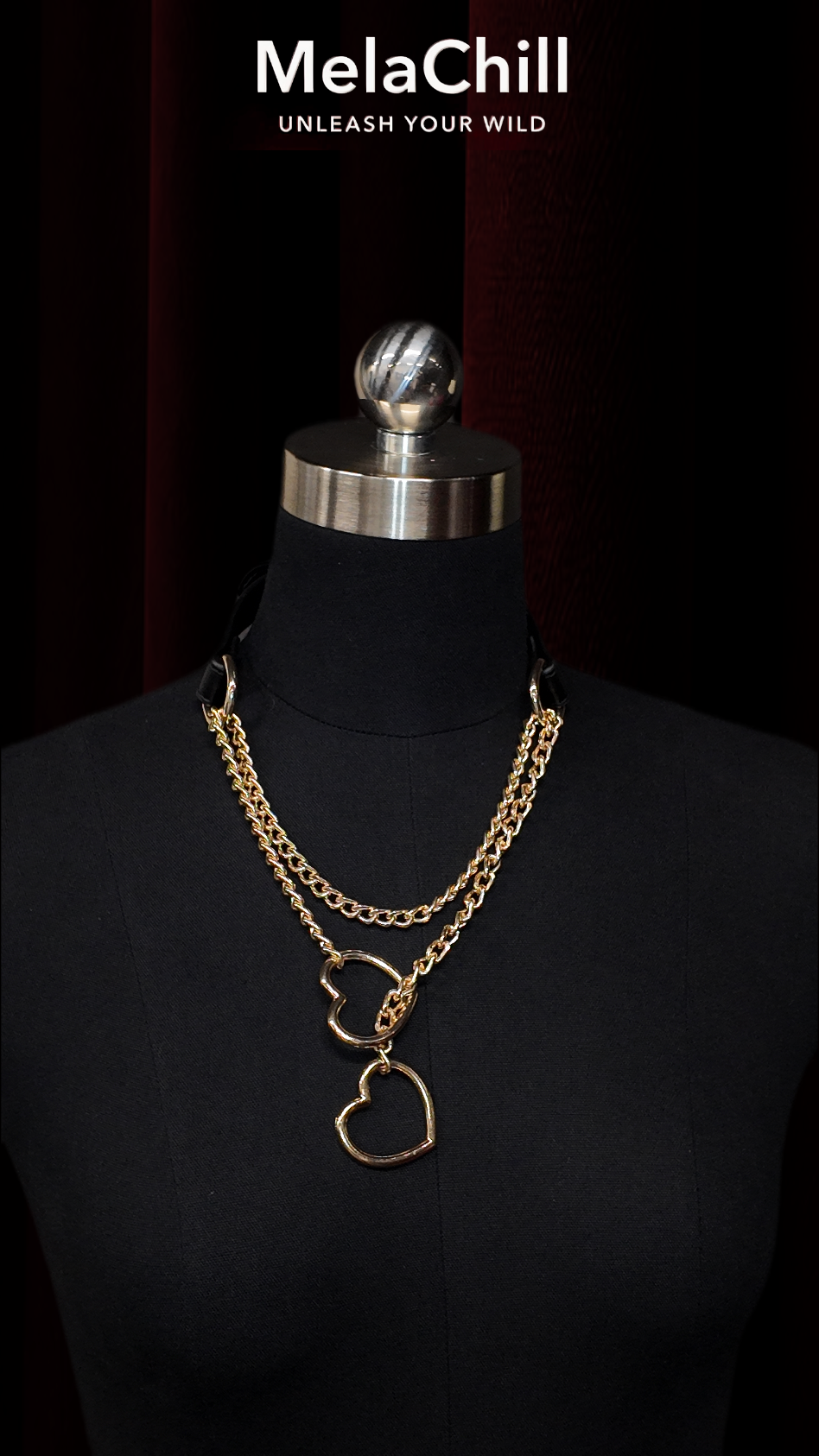 MelaChill Heart Choker Necklace | Black Leather Gold Hardware Collar