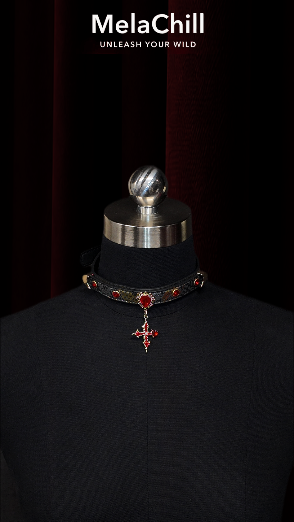 Black Gothic Red Gem Cross Choker Necklace | Ornate Crystal Cross Pendant Collar