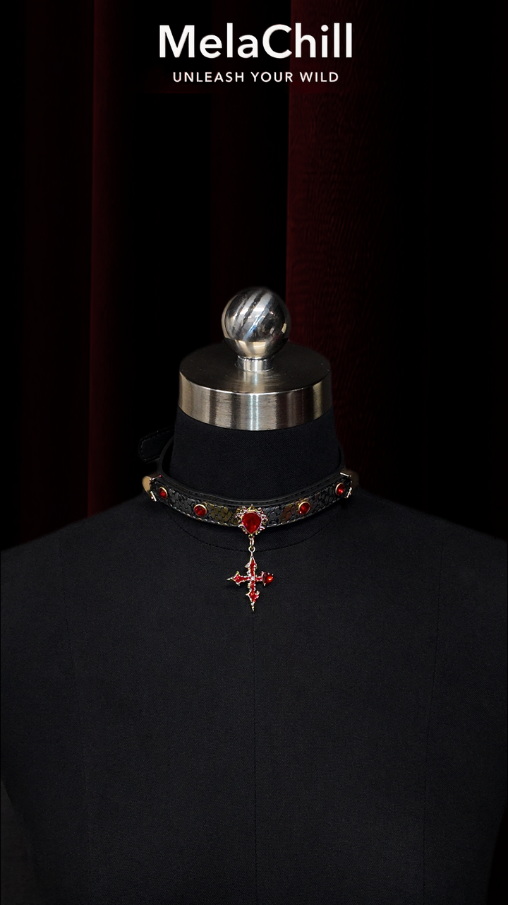 Black Gothic Red Gem Cross Choker Necklace | Ornate Crystal Cross Pendant Collar
