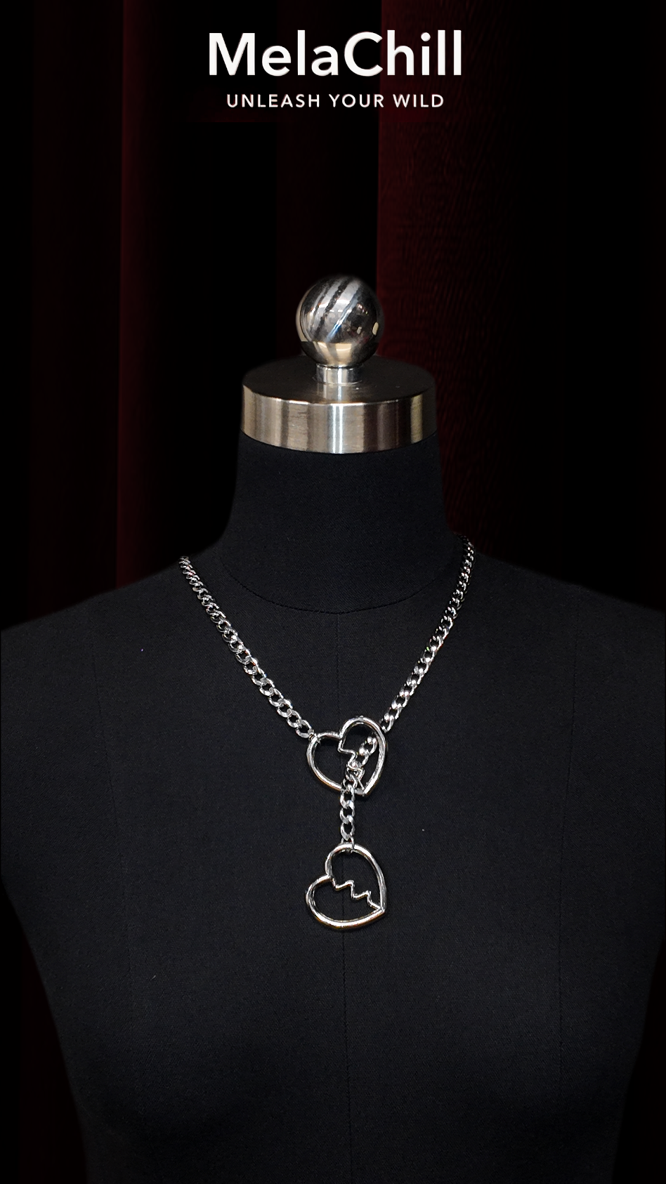 Silver Double Chain Broken Heart Lariat Choker Necklace | Dual Heart Connector Pendant Collar