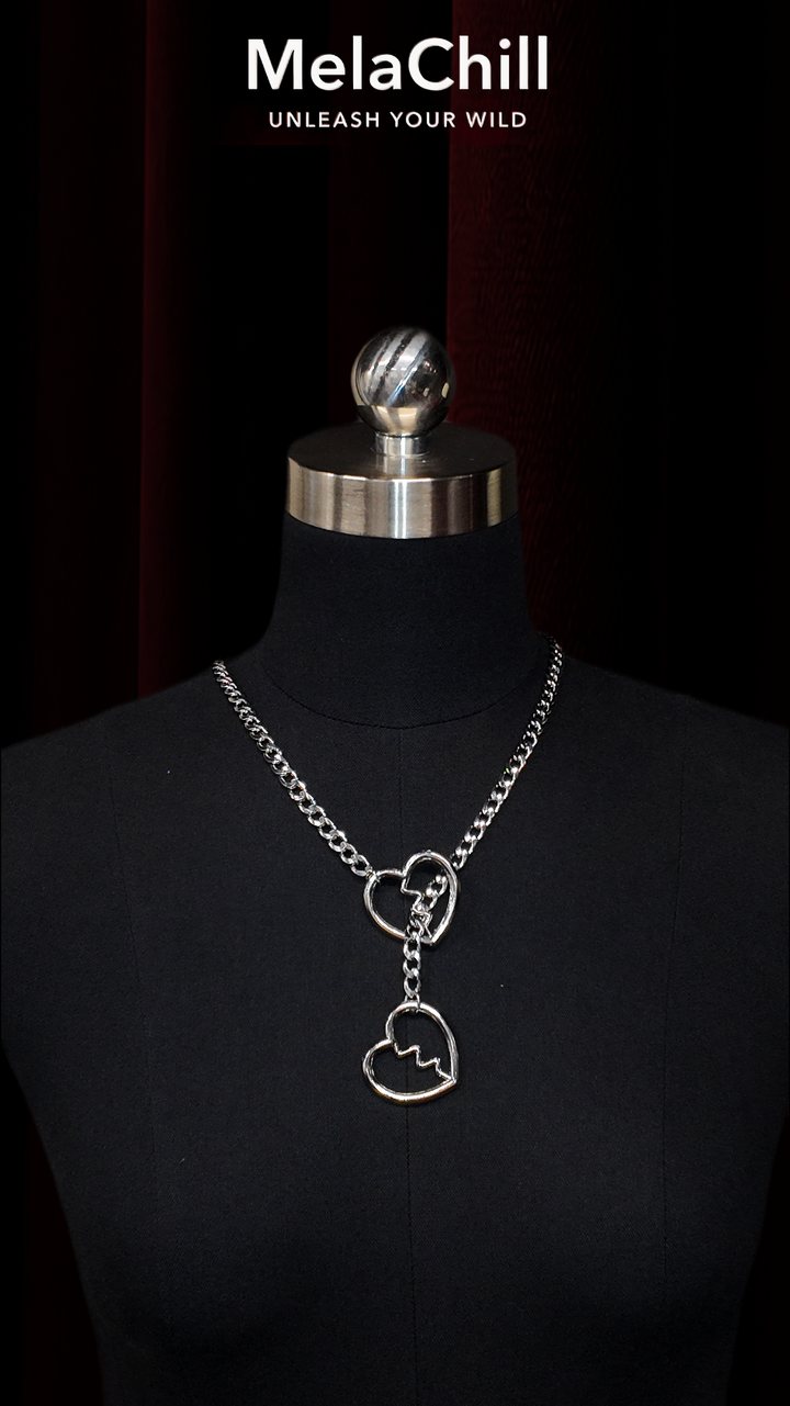 Silver Double Chain Broken Heart Lariat Choker Necklace | Dual Heart Connector Pendant Collar