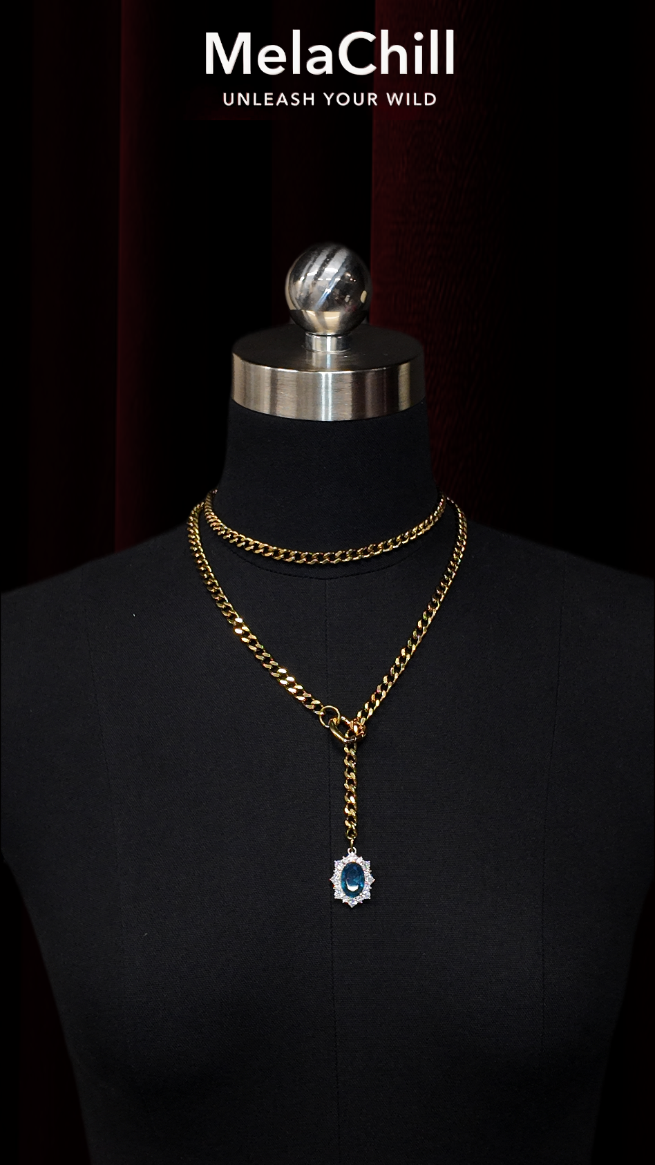 Gold Double Chain Blue Gem Lariat Choker Necklace | Heart Connector Sapphire Drop Pendant Collar