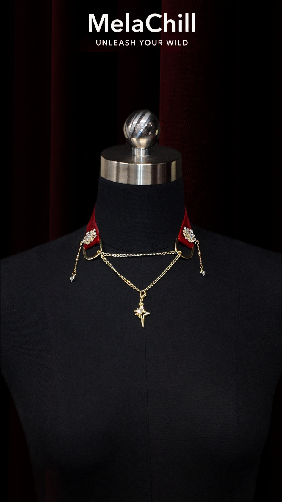 Vampire Series Red Velvet Star Dagger Choker Necklace | Wine Red Velvet Collar with Double Layer Gold Chain & Crystal Tassels