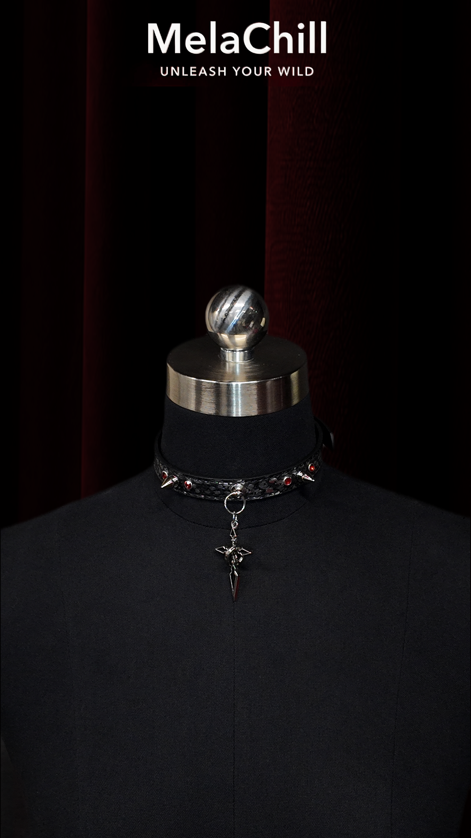 Black Gothic Spike Cross Charm Choker Necklace | Red Crystal Studded Ring Collar with Dagger Pendant