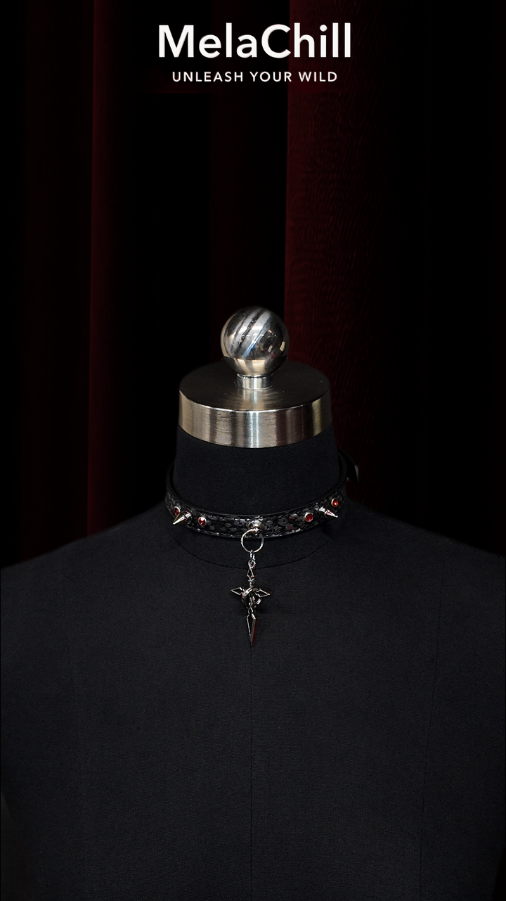Black Gothic Spike Cross Charm Choker Necklace | Red Crystal Studded Ring Collar with Dagger Pendant