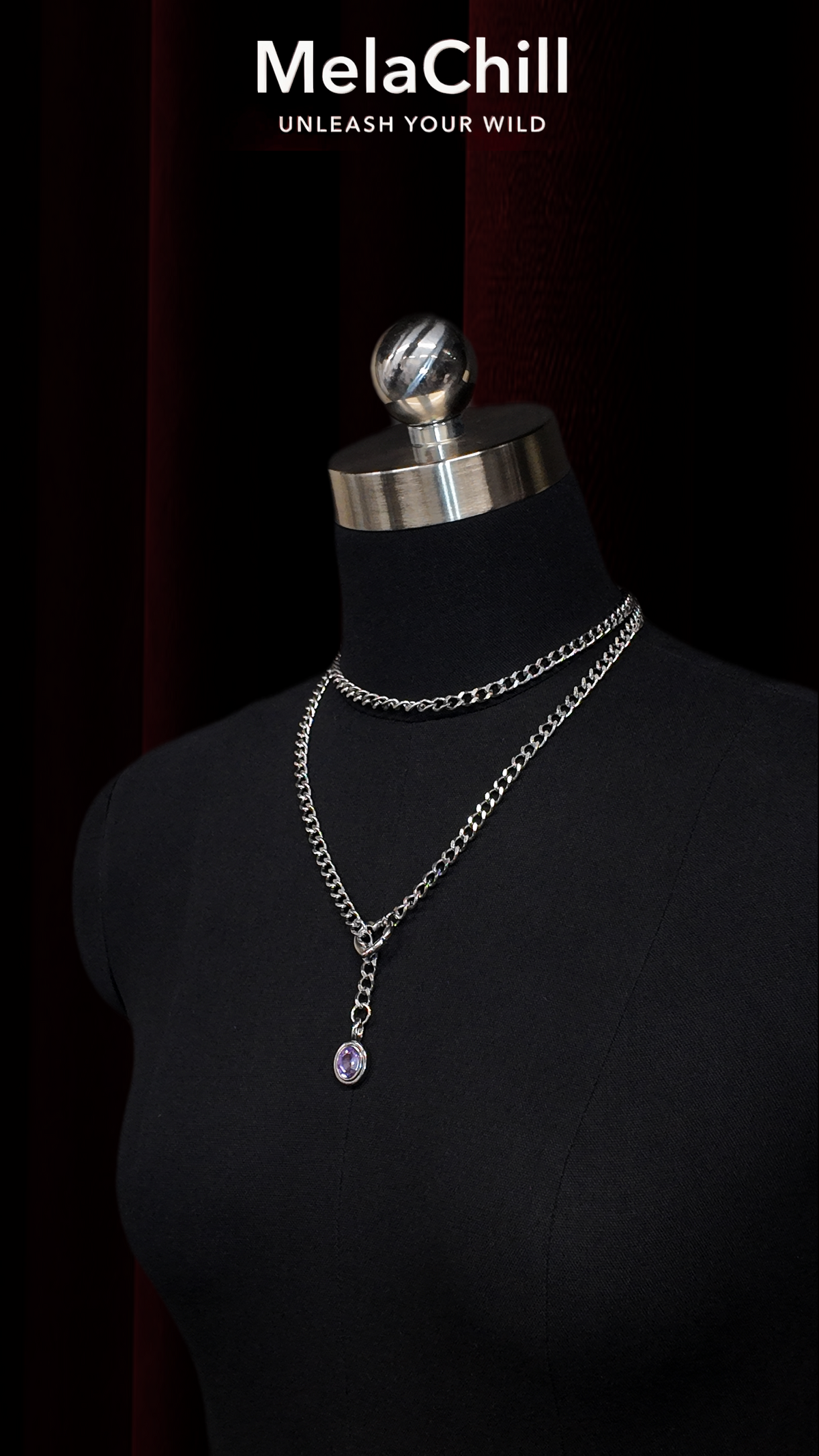 Silver Double Chain Purple Gem Lariat Choker Necklace | Minimal Layered Heart Connector Pendant Collar