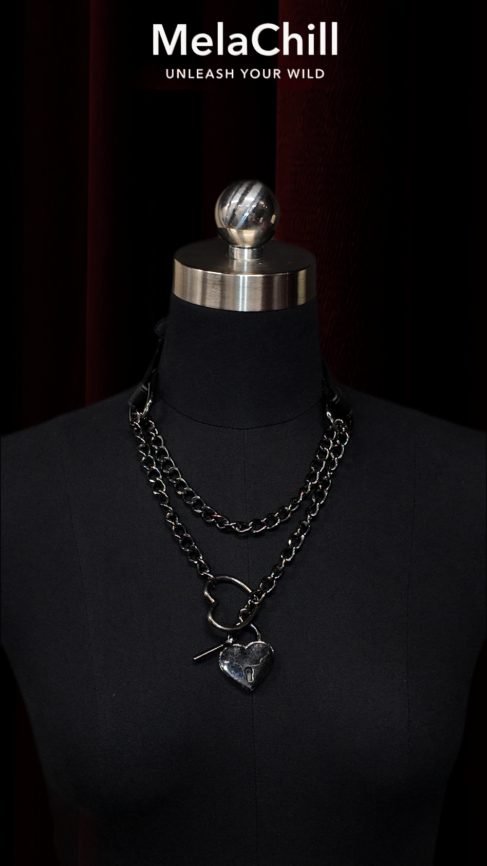 Black Double Chain Heart Ring Choker Necklace | Industrial Heart Pendant Collar