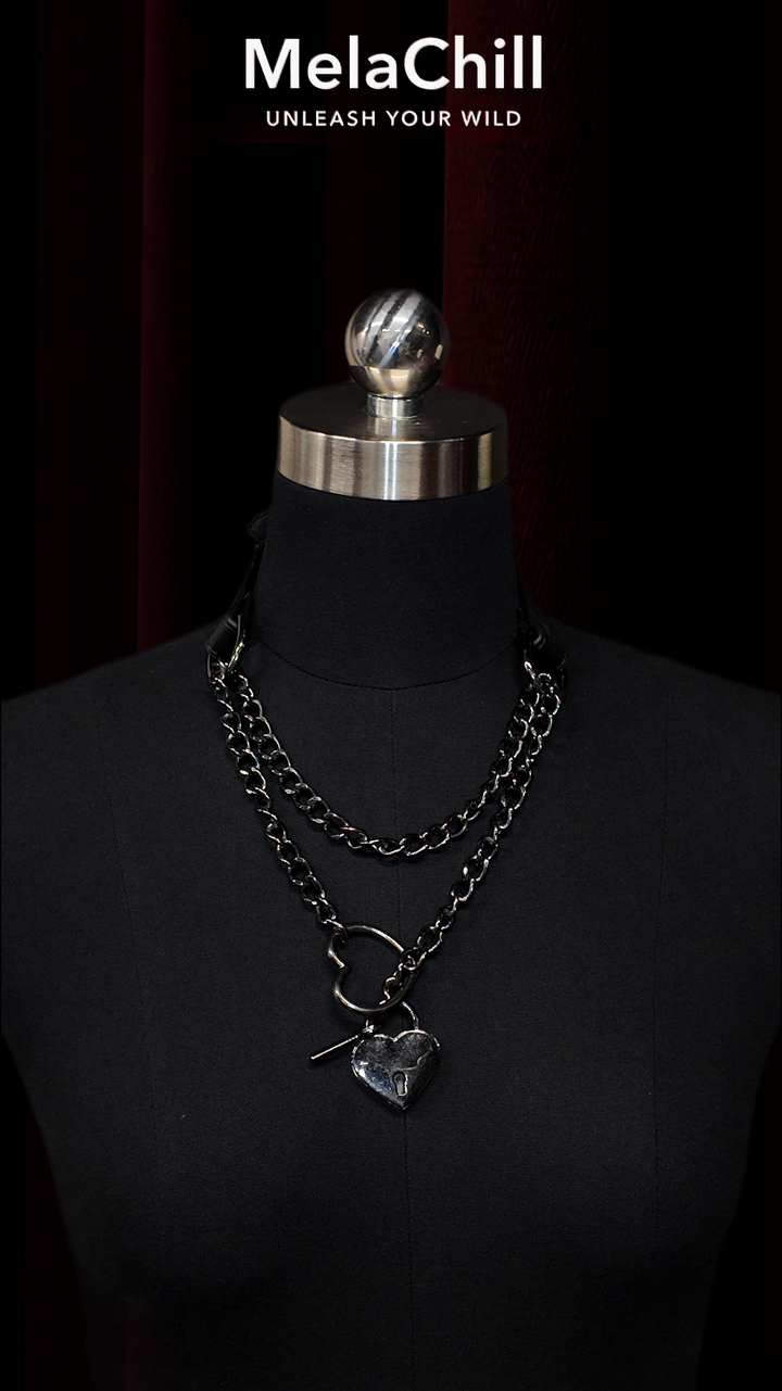 Black Double Chain Heart Ring Choker Necklace | Industrial Heart Pendant Collar