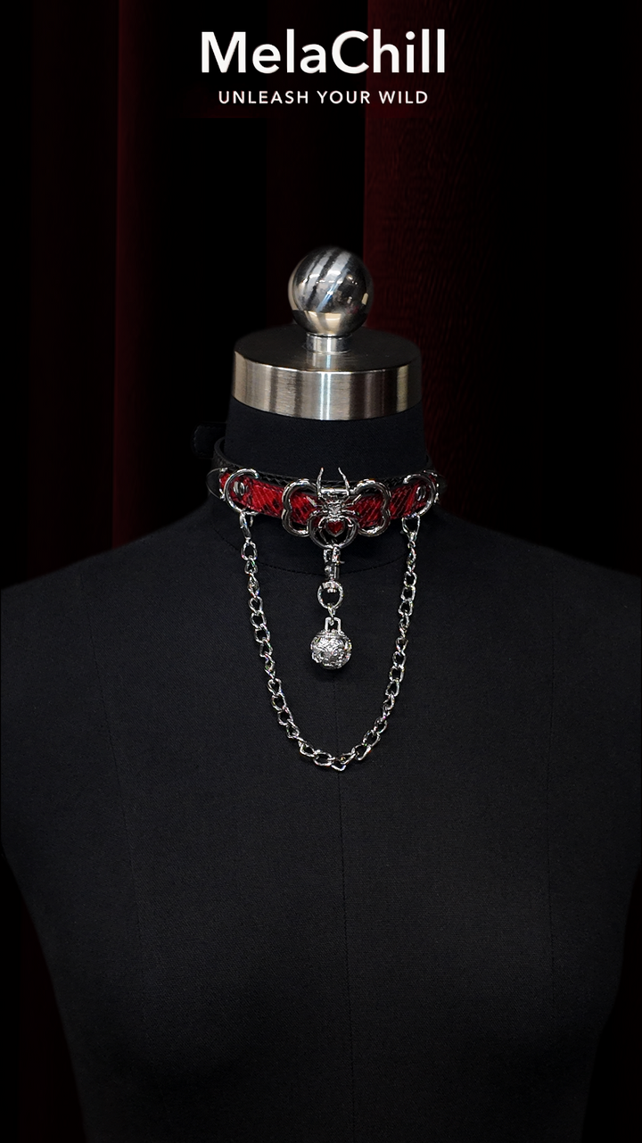 Black Red Gothic Spider Chain Choker Necklace | Red Striped Faux Leather Collar with Crystal Ball Pendant