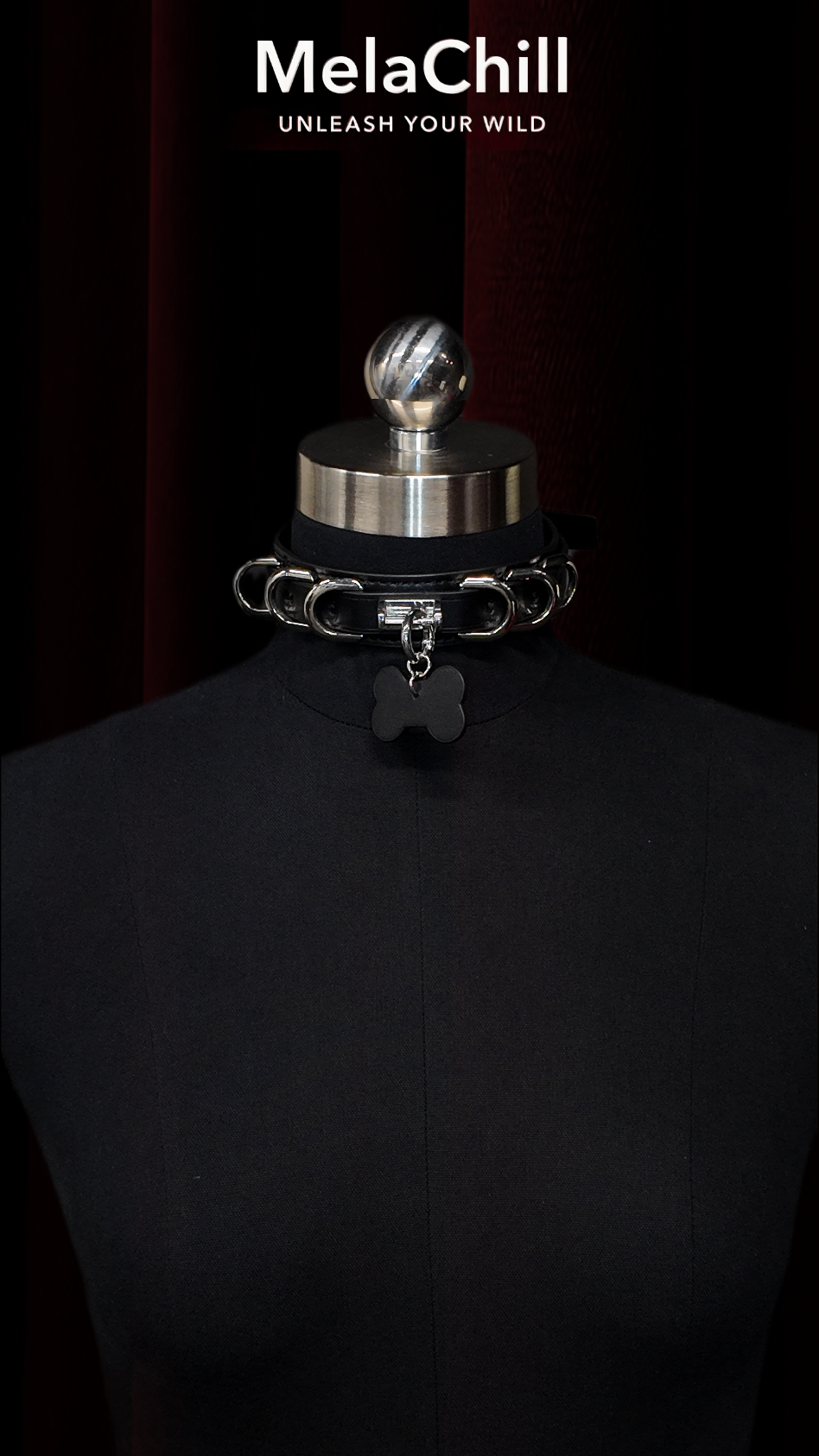 Black Gothic O-Ring Bone Tag Choker Necklace | Wide Faux Leather Collar with Silver Metal Hoops & Bone Pendant