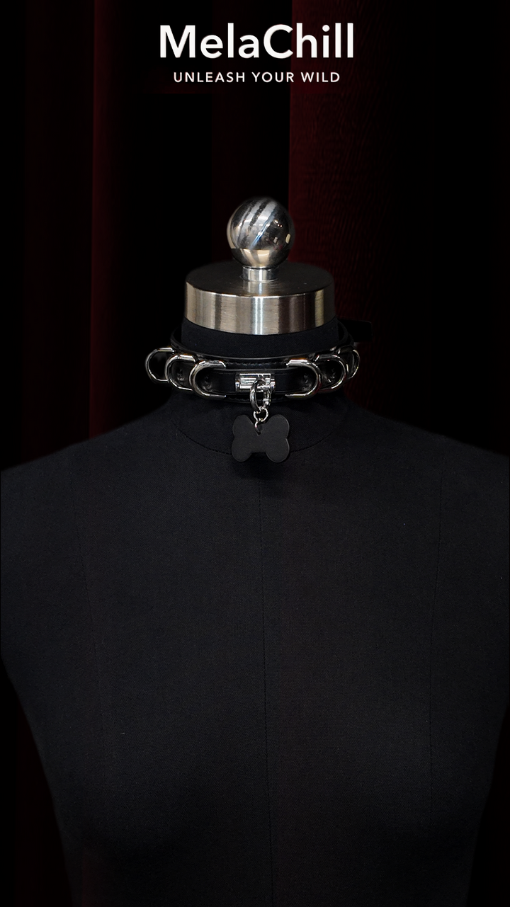 Black Gothic O-Ring Bone Tag Choker Necklace | Wide Faux Leather Collar with Silver Metal Hoops & Bone Pendant