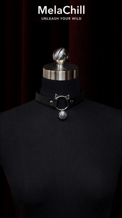 Black Gothic Cat Ear Ring Choker Necklace | Matte Faux Leather Collar with Rhinestone Bell Pendant
