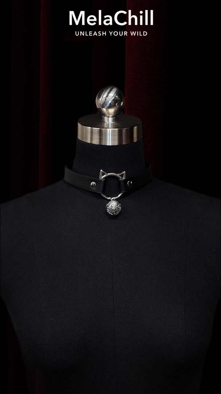 Black Gothic Cat Ear Ring Choker Necklace | Matte Faux Leather Collar with Rhinestone Bell Pendant