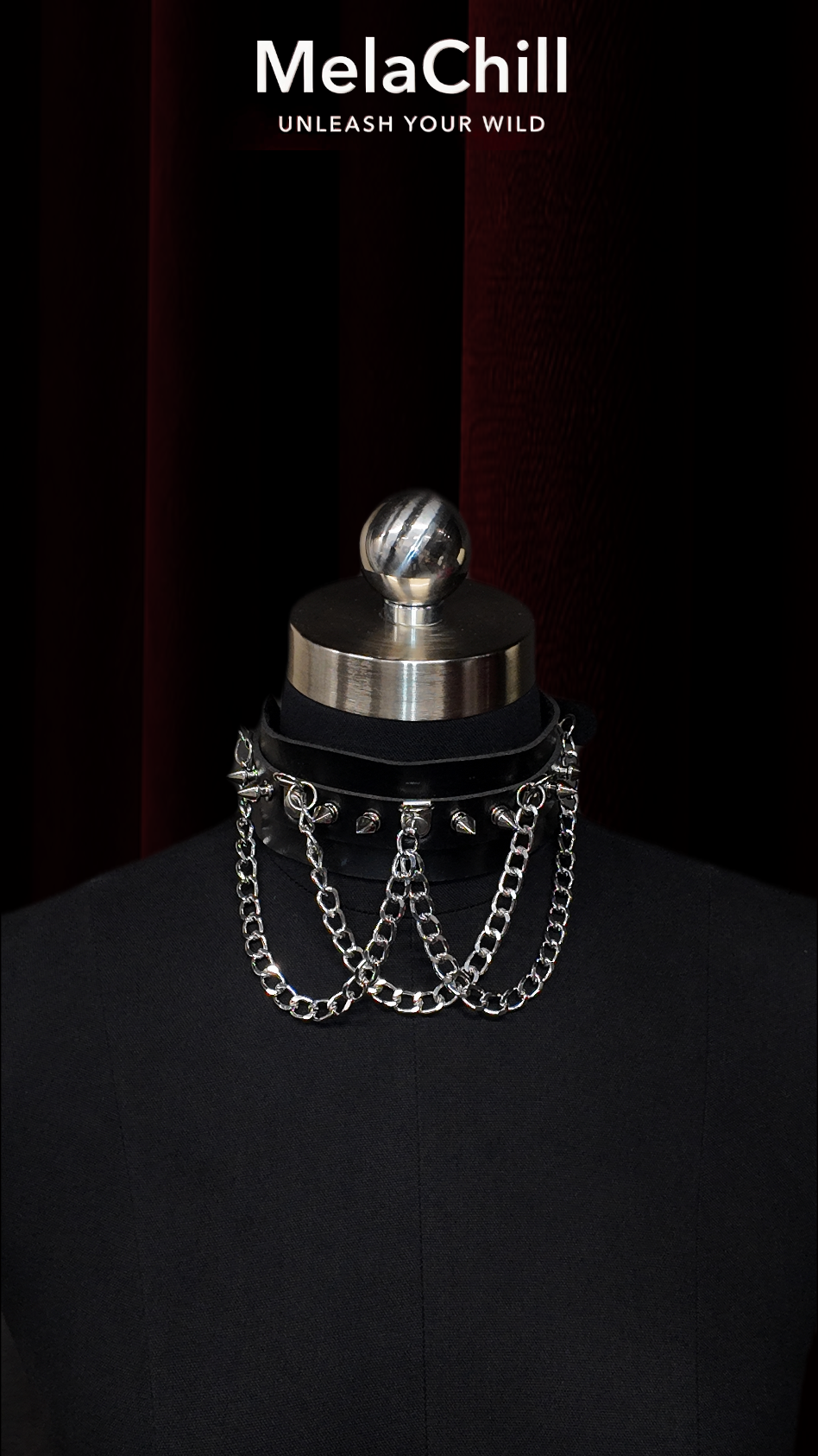 MelaChill Gothic Dark Choker Necklace | Black Studded Chain Soft Leather Collar