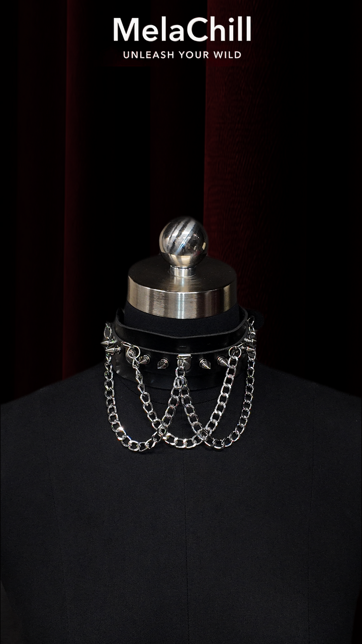 MelaChill Gothic Dark Choker Necklace | Black Studded Chain Soft Leather Collar