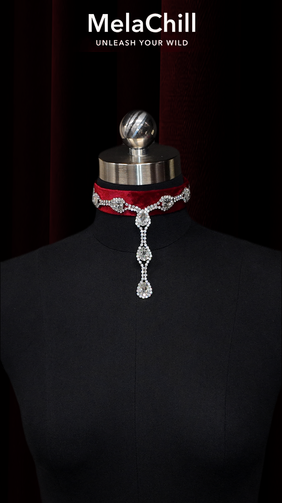 Vampire Series Red Velvet Rhinestone Choker Necklace | Wine Red Velvet Collar with Teardrop Crystal Drop Pendant
