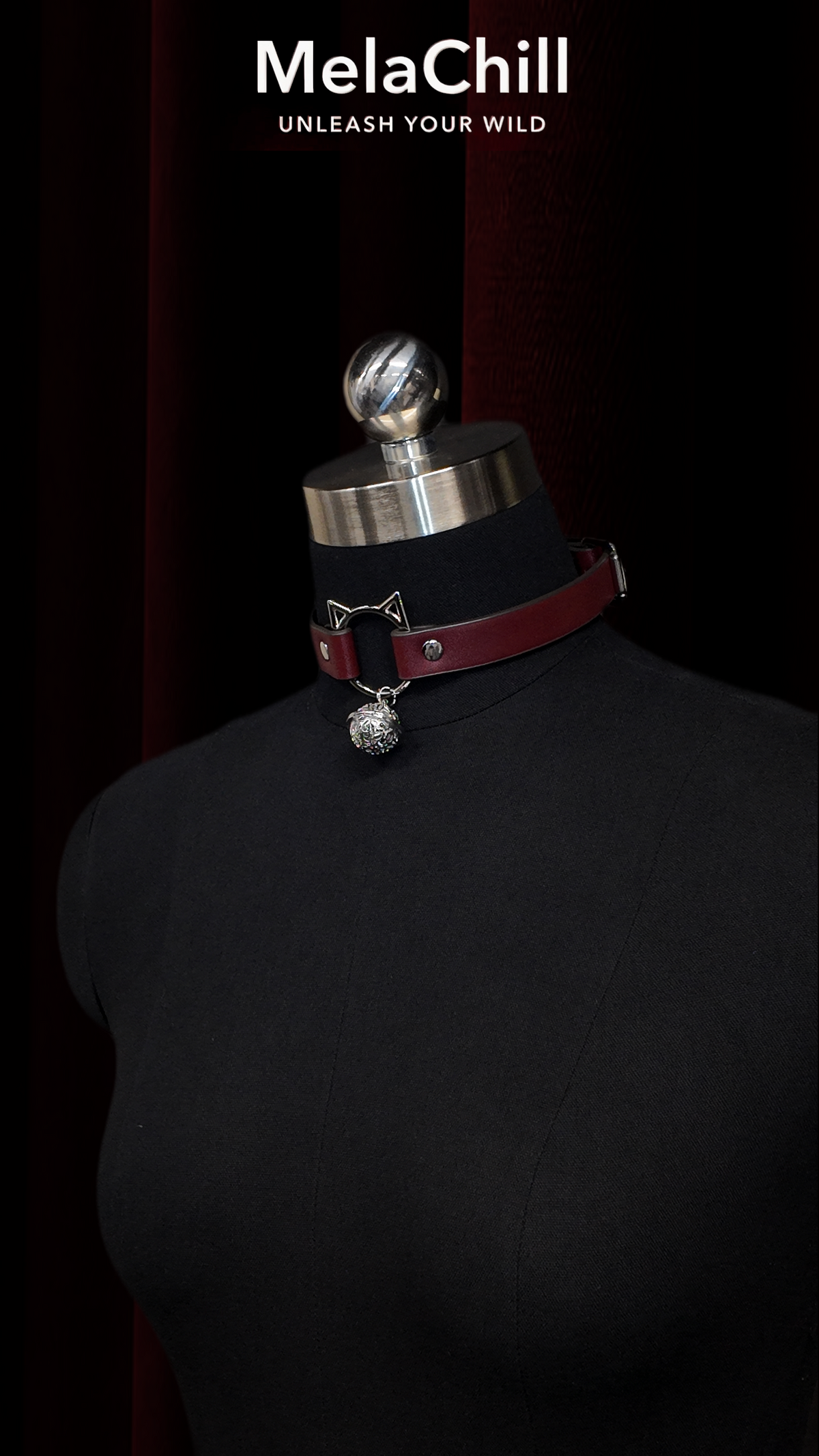 MelaChill Bow Bell Choker Necklace | Black & Burgundy Leather Gold Hardware Collar