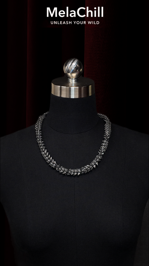 Black Gothic Bone Spine Choker Necklace | Vintage Gunmetal Fishbone Skeleton Collar