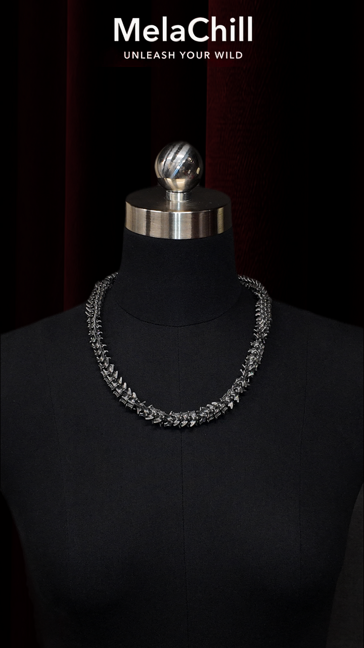 Black Gothic Bone Spine Choker Necklace | Vintage Gunmetal Fishbone Skeleton Collar