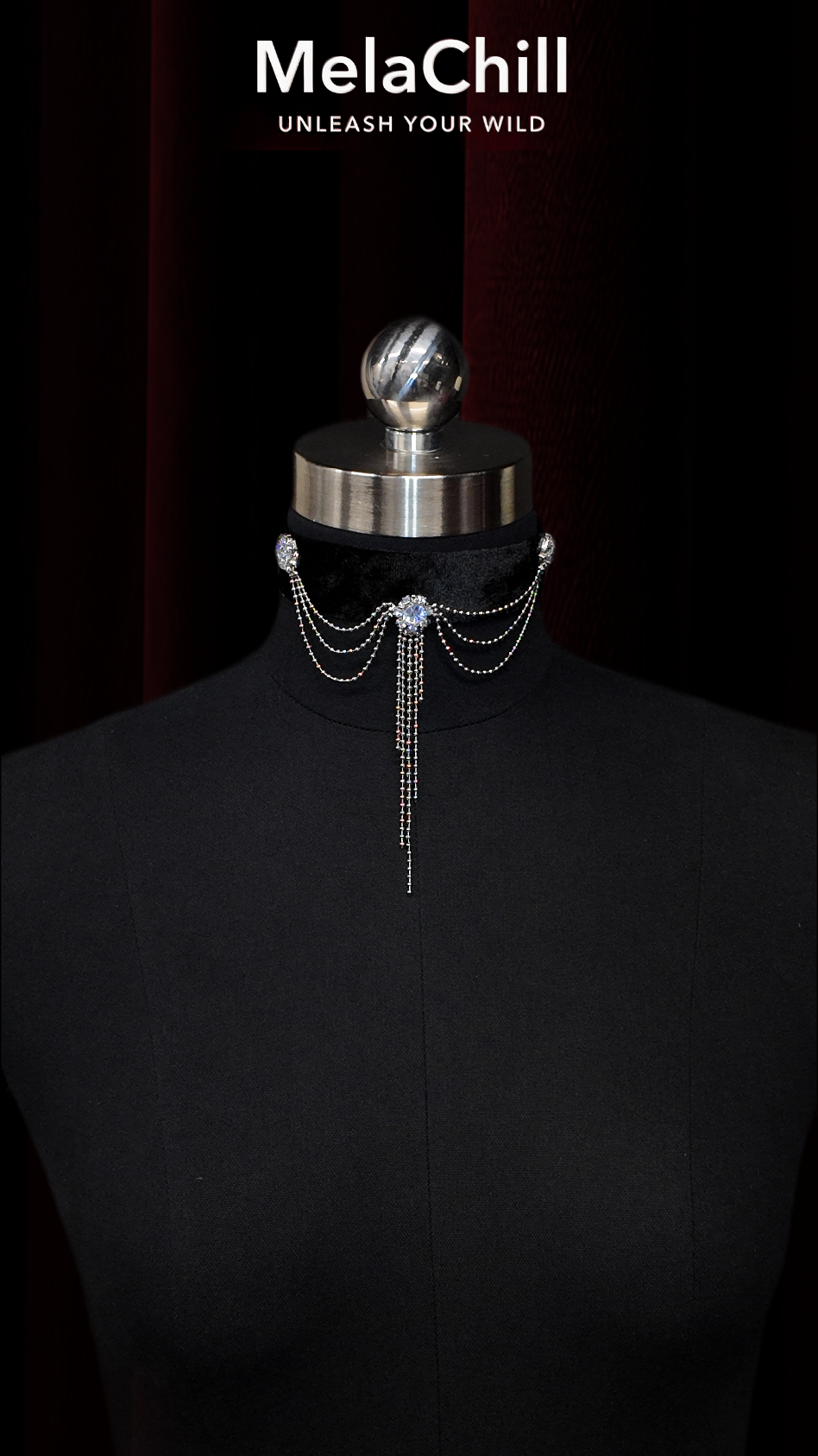 Vintage Castle Style Black Velvet Tassel Rhinestone Choker Necklace | Black Velvet Collar with Multi-Layer Sparkling Chain Fringe Pendant