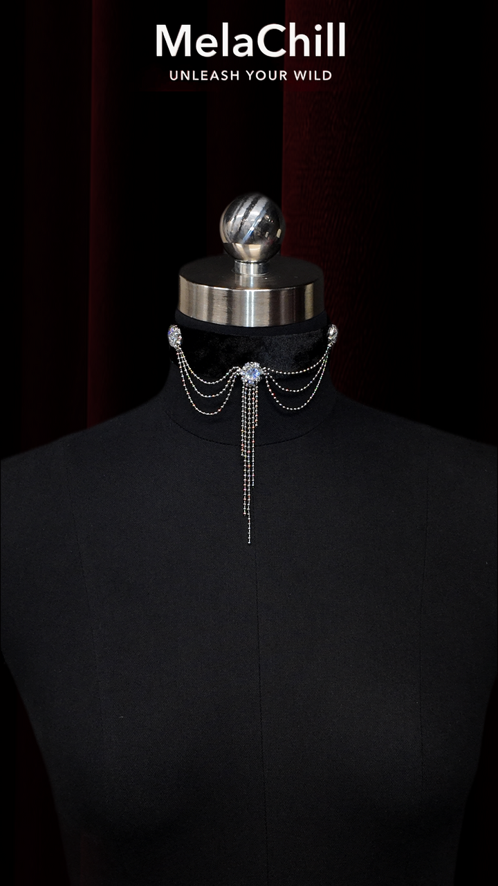 Vintage Castle Style Black Velvet Tassel Rhinestone Choker Necklace | Black Velvet Collar with Multi-Layer Sparkling Chain Fringe Pendant