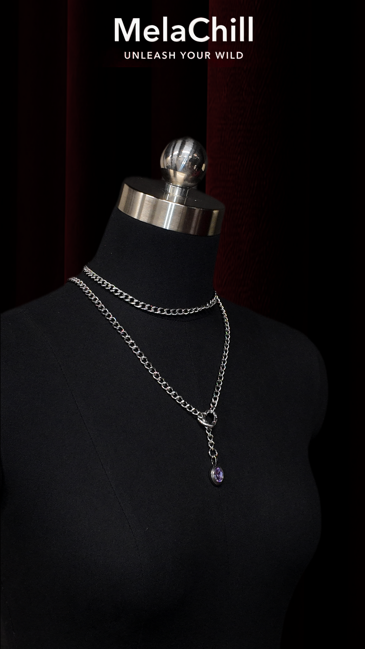 Silver Double Chain Purple Gem Lariat Choker Necklace | Minimal Layered Heart Connector Pendant Collar