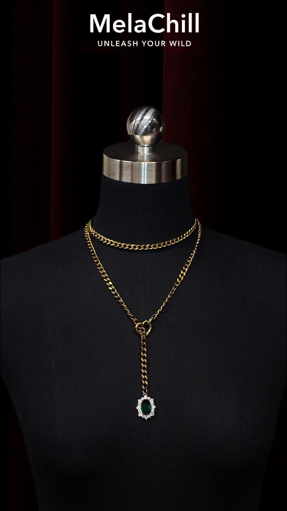 Gold Double Chain Emerald Drop Lariat Choker Necklace | Heart Connector Green Gem Pendant Collar