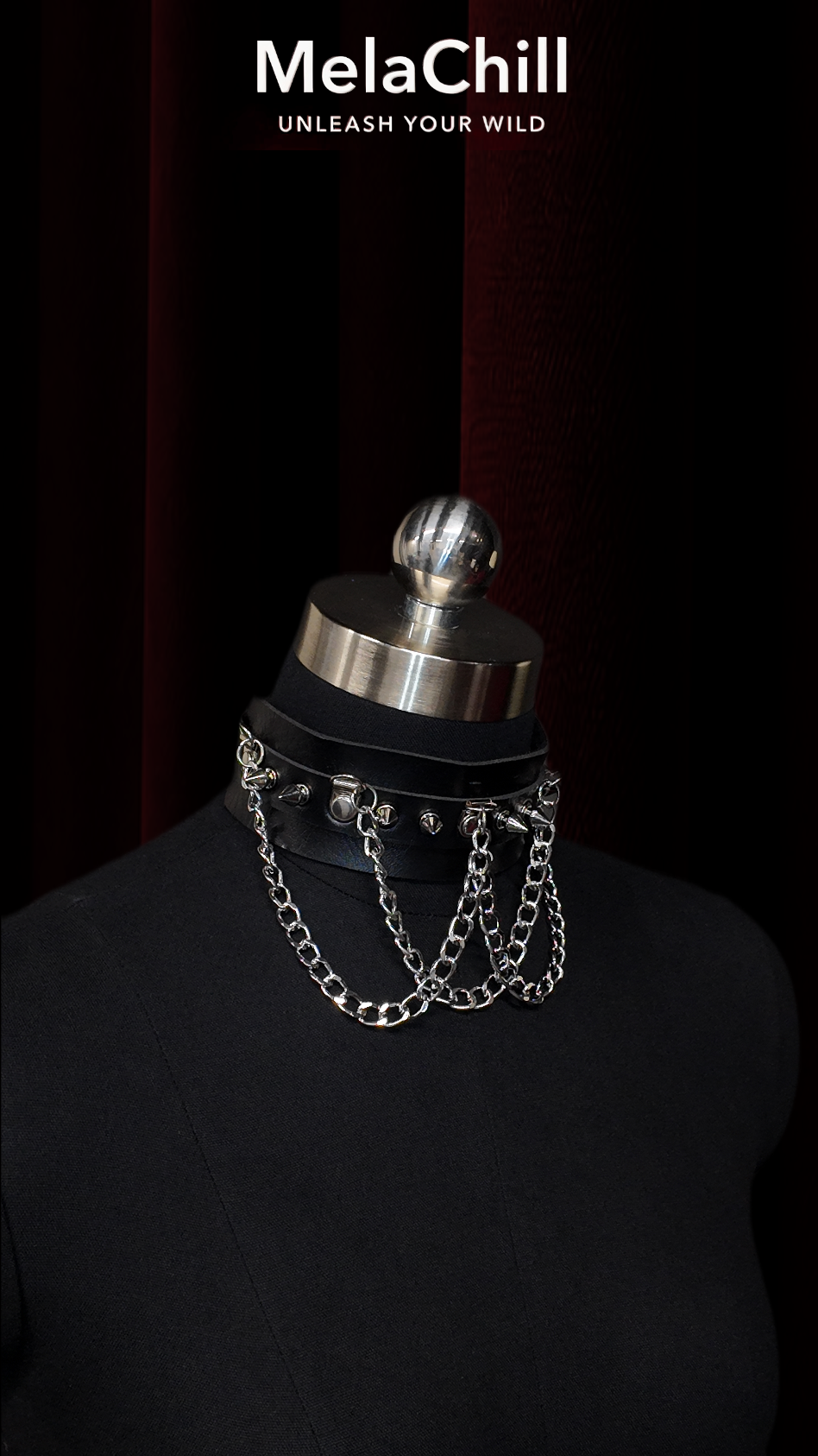 MelaChill Gothic Dark Choker Necklace | Black Studded Chain Soft Leather Collar