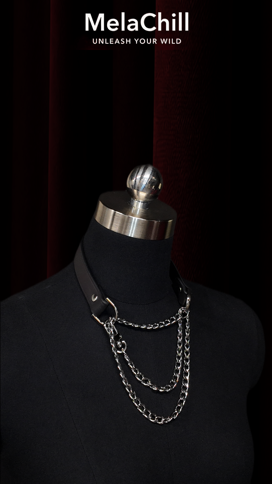 Mela Chill Breathless Black Leather Choker Necklace – Thick Chain with Movable Pull Chain, Removable Design for Daily Wear