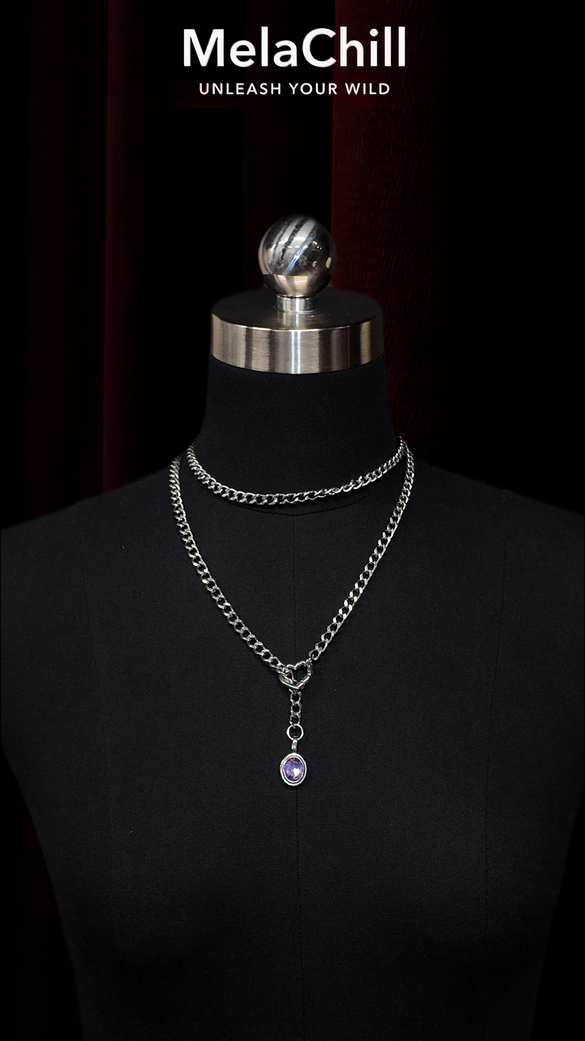 Silver Double Chain Purple Gem Lariat Choker Necklace | Minimal Layered Heart Connector Pendant Collar