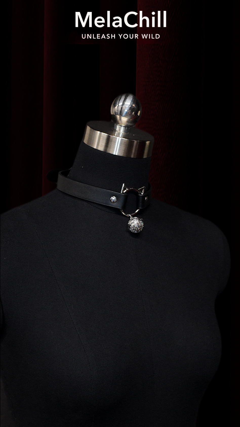 Black Gothic Cat Ear Ring Choker Necklace | Matte Faux Leather Collar with Rhinestone Bell Pendant