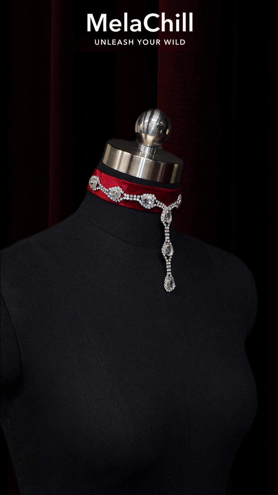 Vampire Series Red Velvet Rhinestone Choker Necklace | Wine Red Velvet Collar with Teardrop Crystal Drop Pendant
