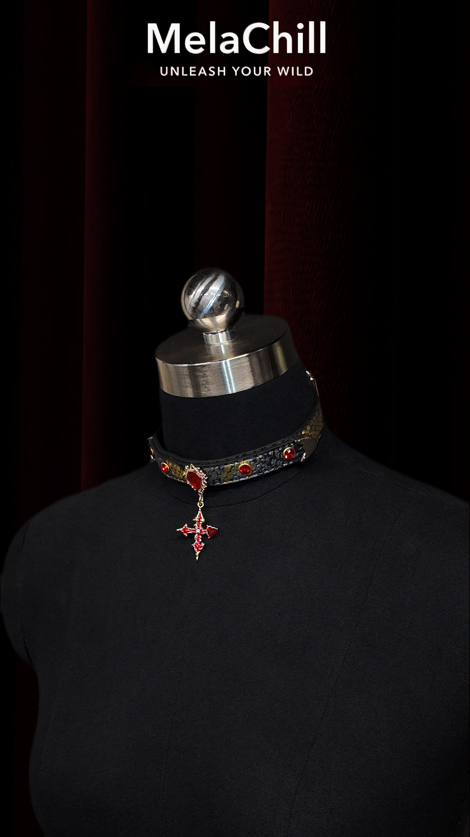 Black Gothic Red Gem Cross Choker Necklace | Ornate Crystal Cross Pendant Collar