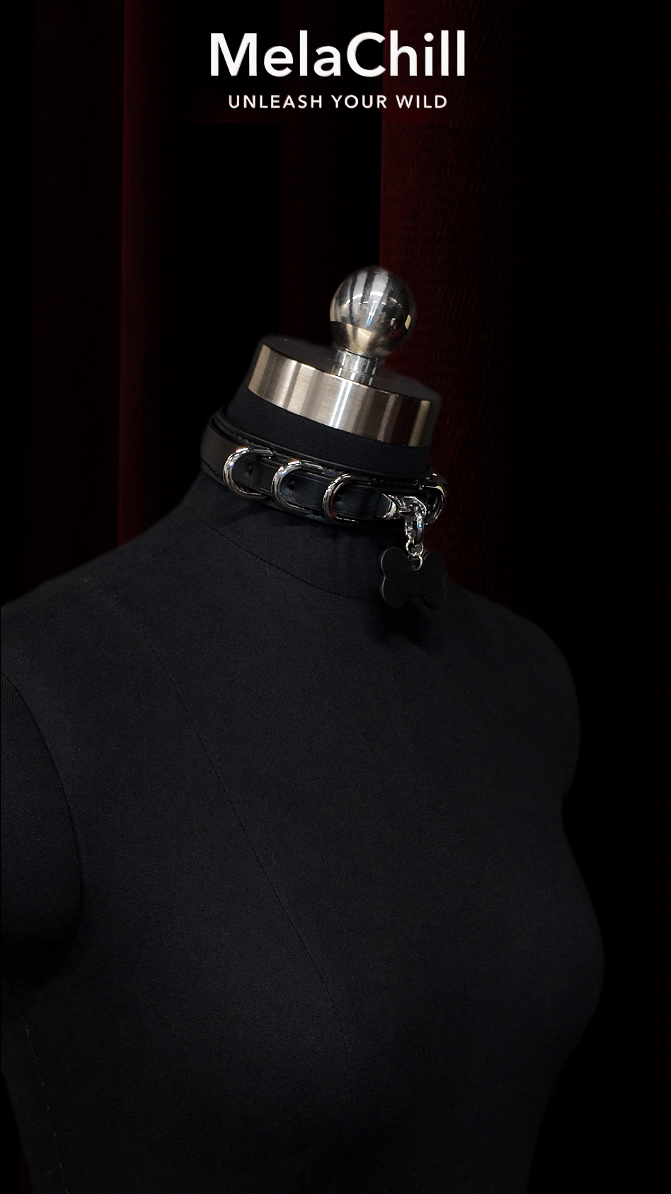 Black Gothic O-Ring Bone Tag Choker Necklace | Wide Faux Leather Collar with Silver Metal Hoops & Bone Pendant