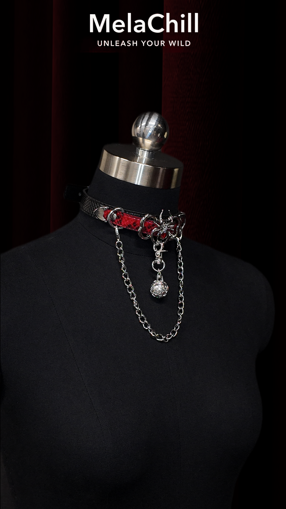 Black Red Gothic Spider Chain Choker Necklace | Red Striped Faux Leather Collar with Crystal Ball Pendant