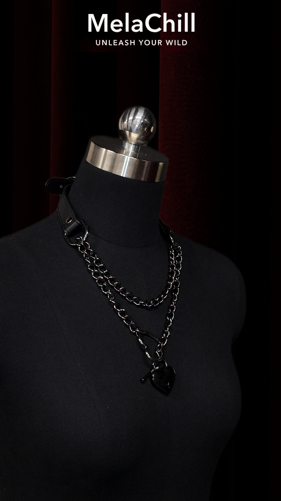 Black Double Chain Heart Ring Choker Necklace | Industrial Heart Pendant Collar