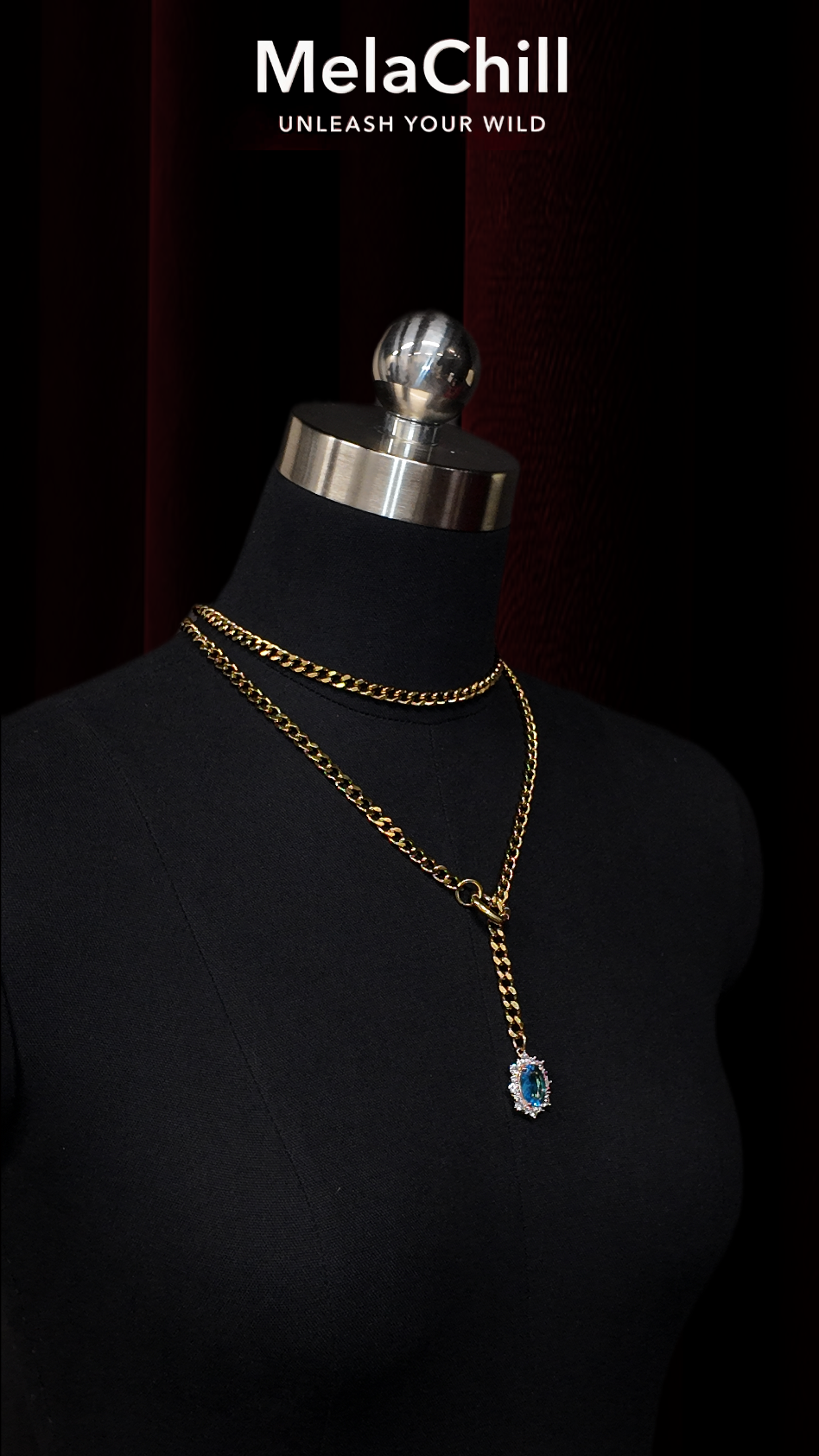 Gold Double Chain Blue Gem Lariat Choker Necklace | Heart Connector Sapphire Drop Pendant Collar