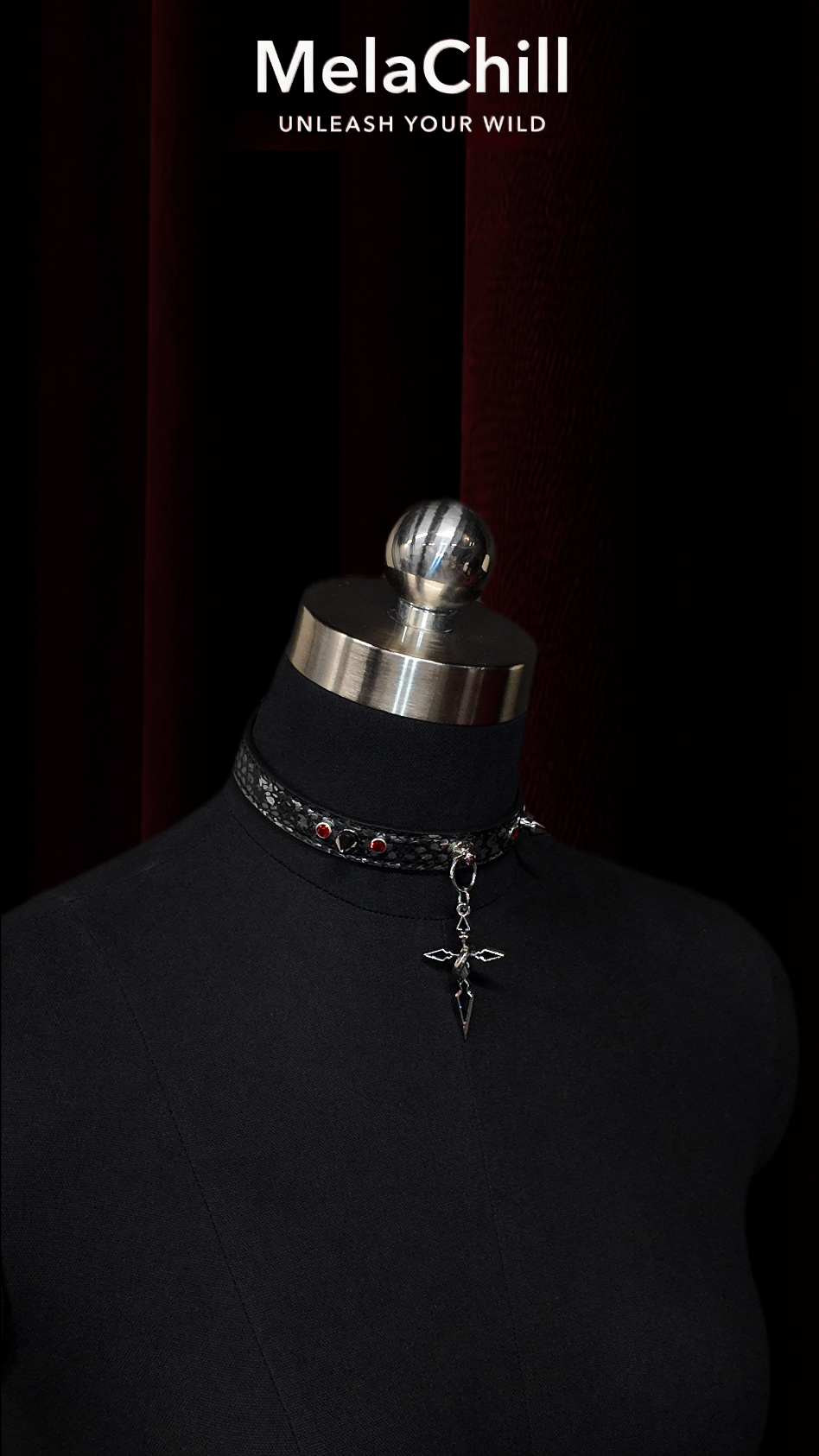 Black Gothic Spike Cross Charm Choker Necklace | Red Crystal Studded Ring Collar with Dagger Pendant