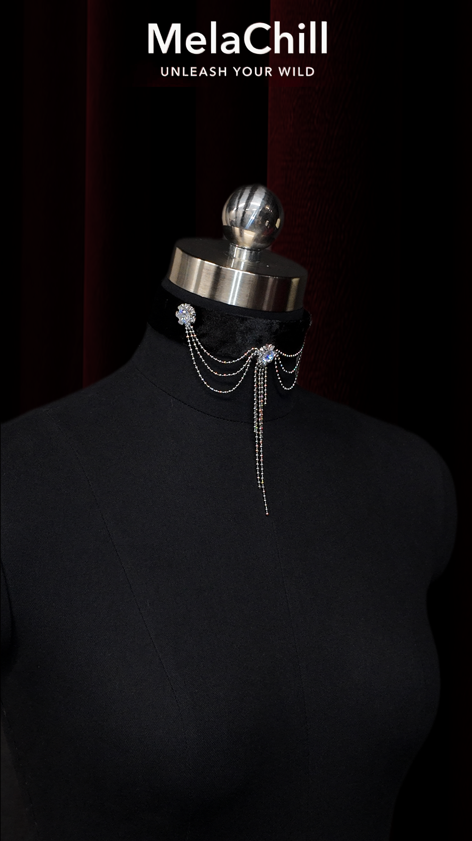 Vintage Castle Style Black Velvet Tassel Rhinestone Choker Necklace | Black Velvet Collar with Multi-Layer Sparkling Chain Fringe Pendant