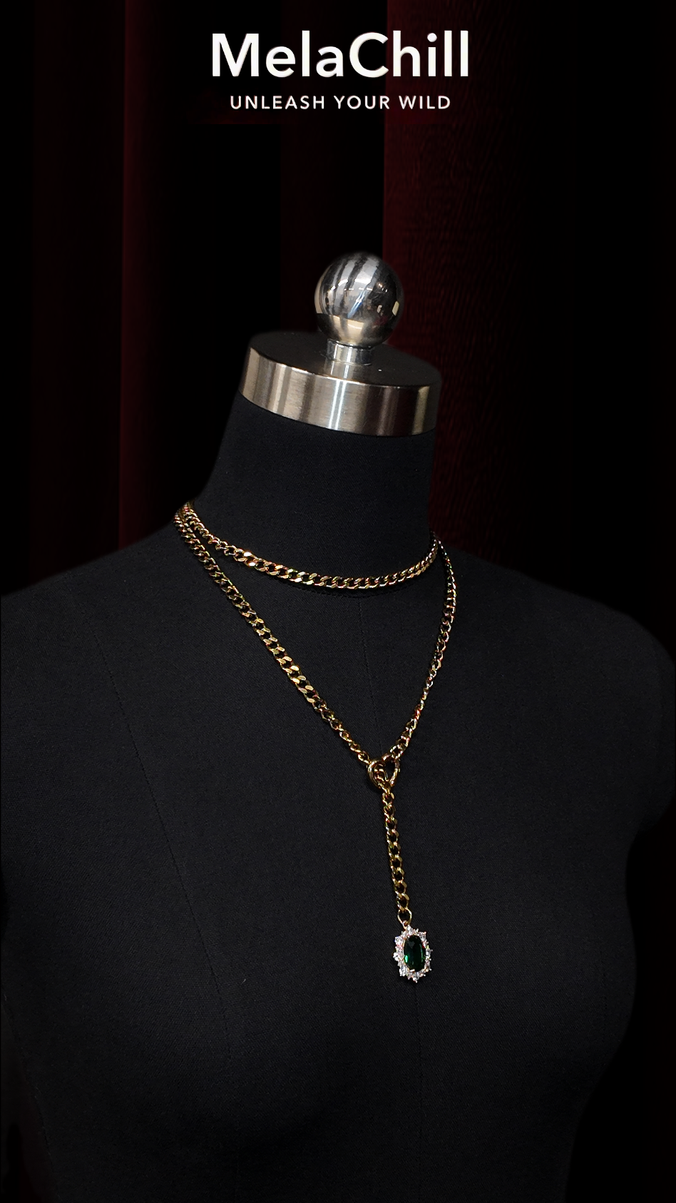 Gold Double Chain Emerald Drop Lariat Choker Necklace | Heart Connector Green Gem Pendant Collar