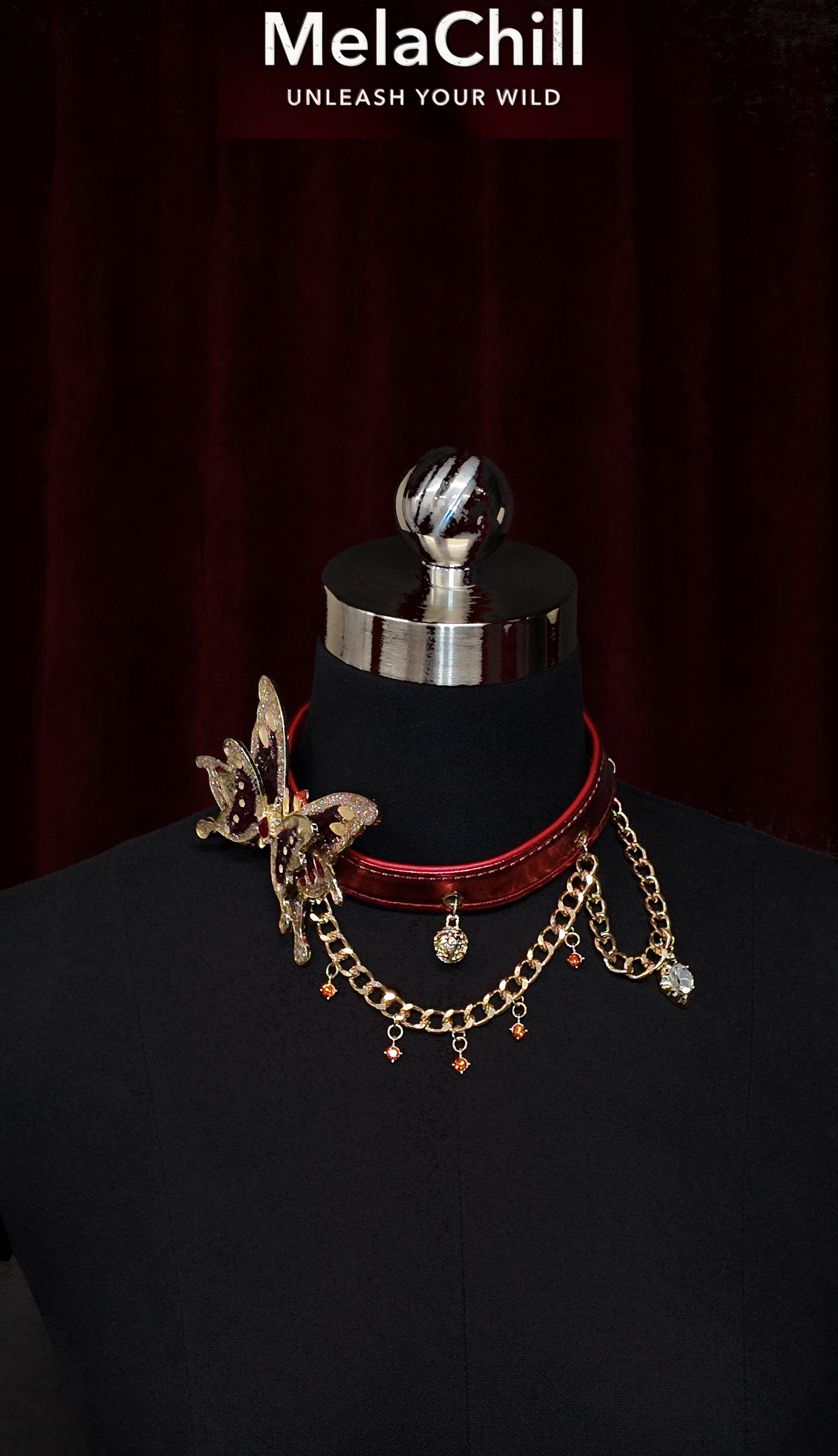 MelaChill Red Night Butterfly Choker Necklace | Rhinestone Leather Collar