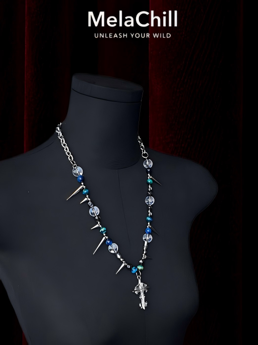 Blue Bead Thorn Spike Carved Cross Choker