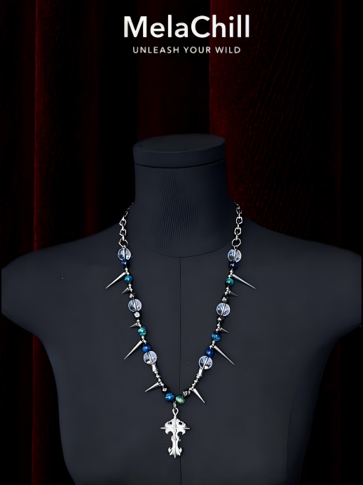 Blue Bead Thorn Spike Carved Cross Choker